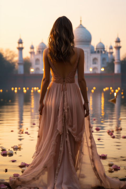 Beautiful young woman in sari in front of the Taj Mahal
