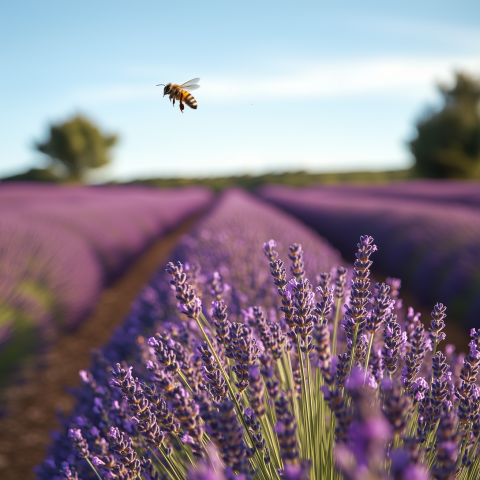 Bee Flying Over Blooming Lavender Field