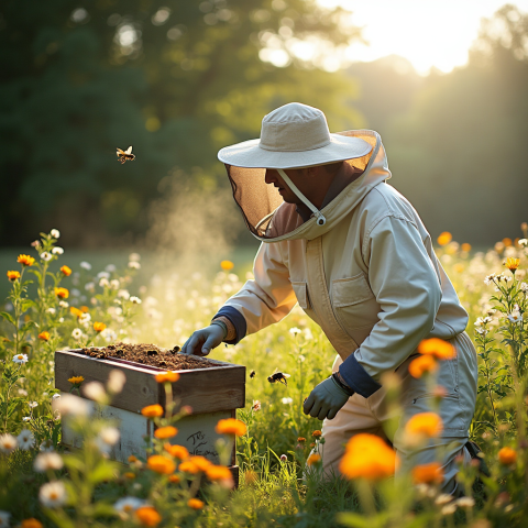 Beekeeper Tending Hive in Flower Field