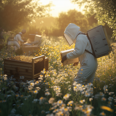 Beekeepers Tending Hives in Wildflower Field
