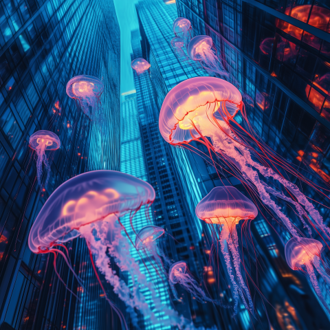 Bioluminescent Jellyfish Floating Among Skyscrapers