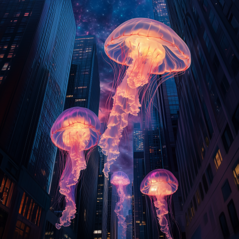 Bioluminescent Jellyfish Floating Through Skyscrapers