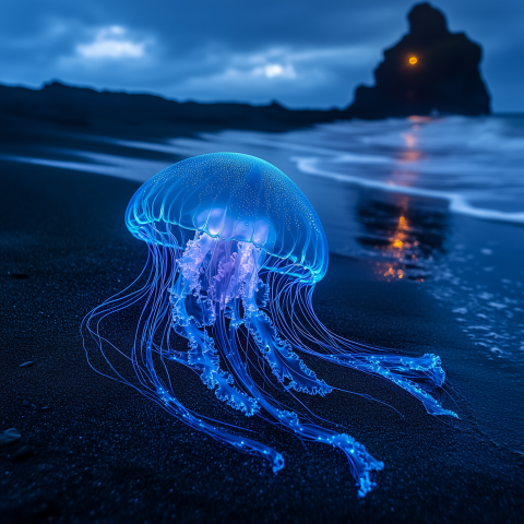 Bioluminescent Jellyfish Glowing on Shoreline