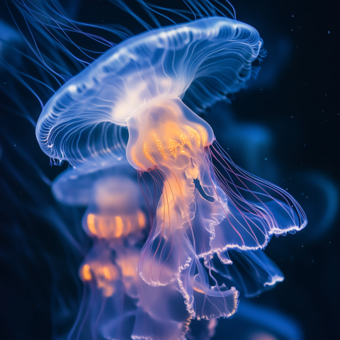 Bioluminescent Jellyfish in Deep Ocean
