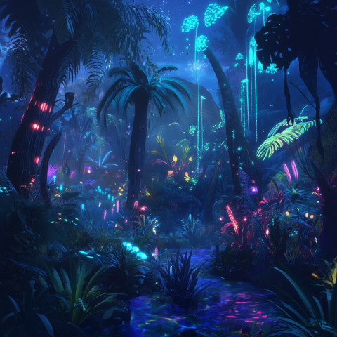 Bioluminescent Jungle Glowing at Night
