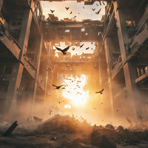 Birds Flying Through Ruined Building at Sunset