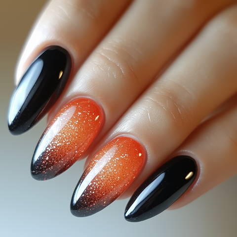 Black and Orange Glitter Gradient Nails