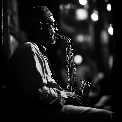 Black and White Jazz Musician Playing Saxophone