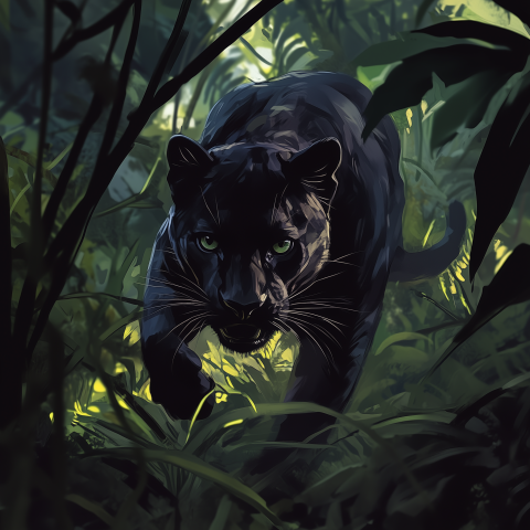 Black Panther Stalking Through Jungle