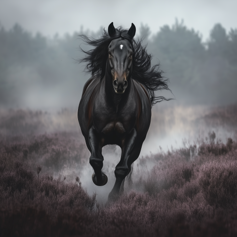 Black Stallion Running Through Foggy Field