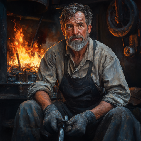 Blacksmith Resting by Forge Fire