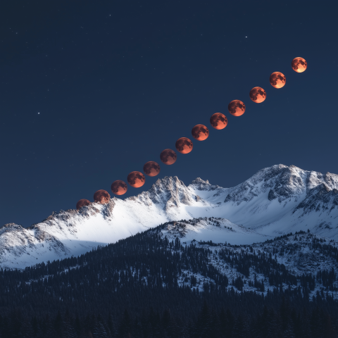 Blood Moon Eclipse over Snowy Mountains