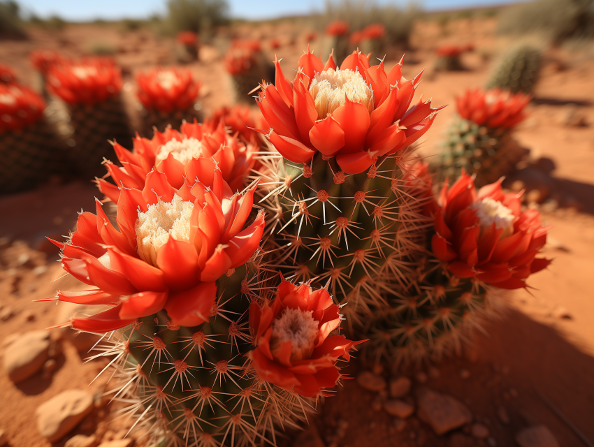 Blooming Desert Cactus with Red Flowers