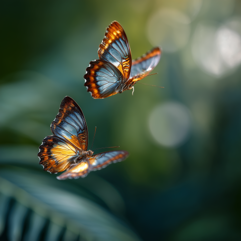 Blue and Orange Butterflies Flying Together