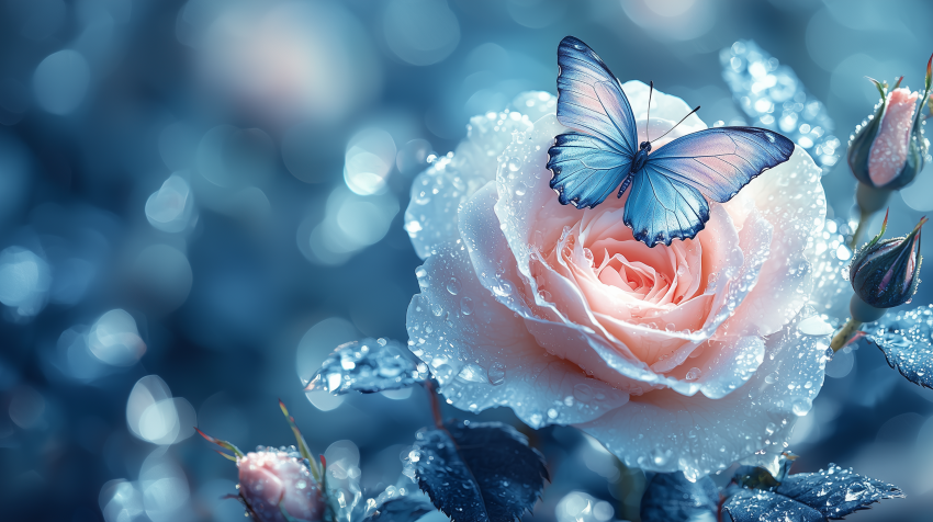 Blue Butterfly Resting on Dewy Pink Rose