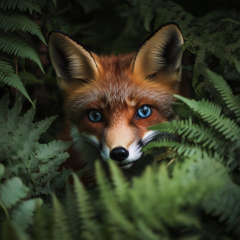 Blue-Eyed Fox Hidden in Fern Forest