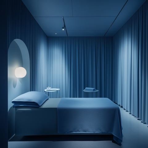 Blue Minimalist Spa Room with Bed and Towels