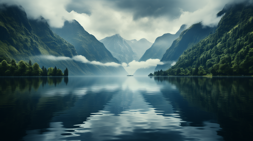 Boat on Misty Fjord at Sunrise