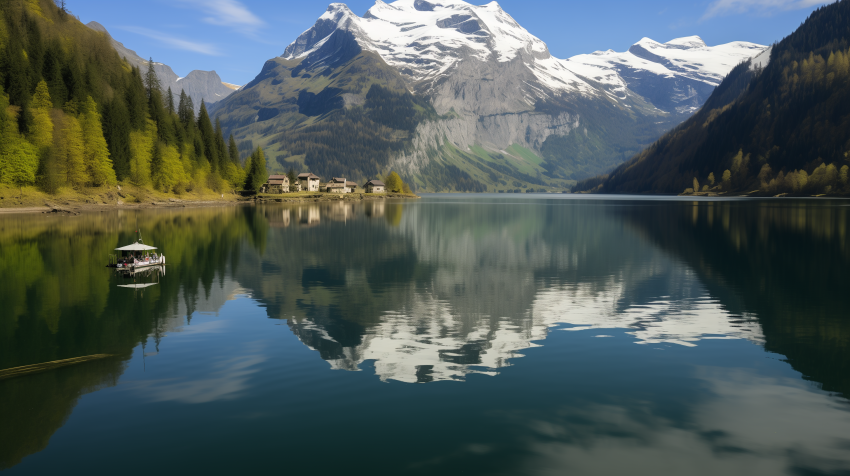 Still Boat floating in Mountain Lake