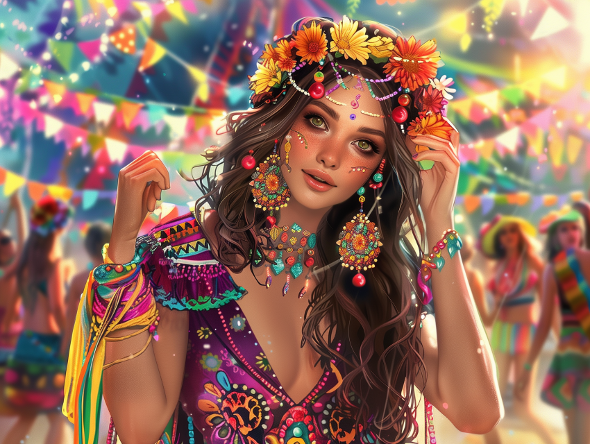 Boho chic outfit with colorful patterns