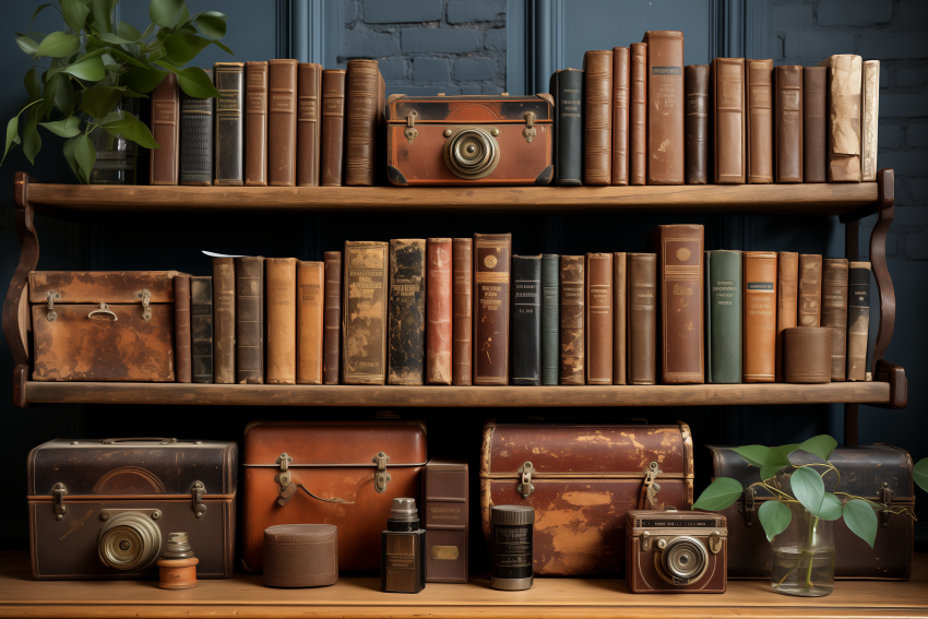 Bookshelf With Vintage Books and Cameras