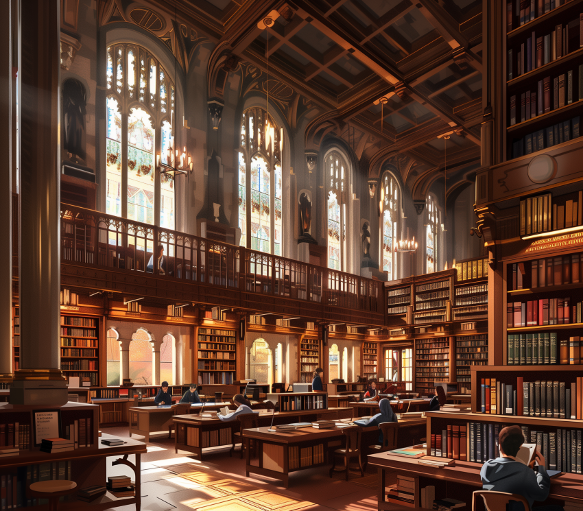 Bookshelves And Students Studying