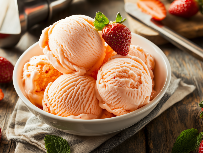 Bowl of Creamy Strawberry Ice Cream