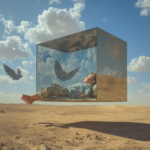 Boy Dreaming in a Floating Glass Cube