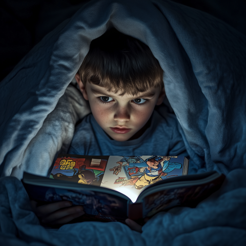 Boy Reading Comic Book Under Blanket