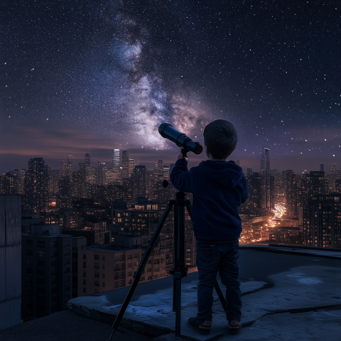 Boy Watching Stars Over City Rooftops