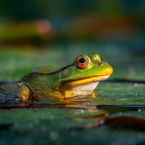 Bright Green Frog on Lily Pad