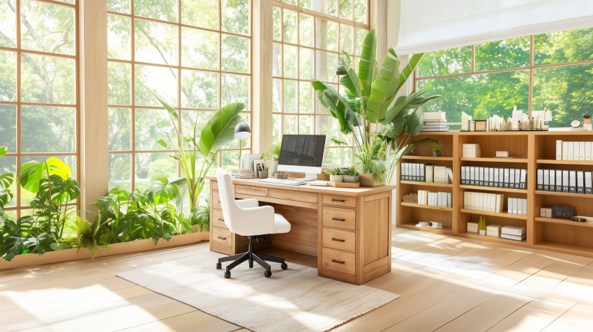 Bright Home Office with Large Windows and Indoor Plants