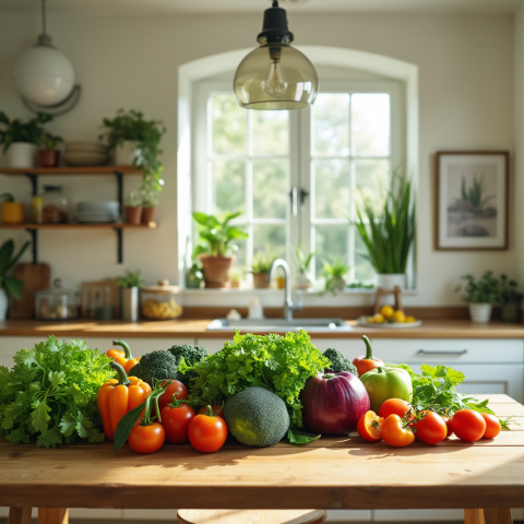 Bright Kitchen with Fresh Vegetables on Table
