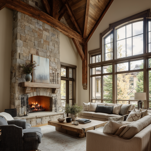 Bright Rustic Living Room with Stone Fireplace