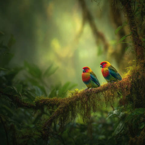 Pair of Tropical Birds on Mossy Limb