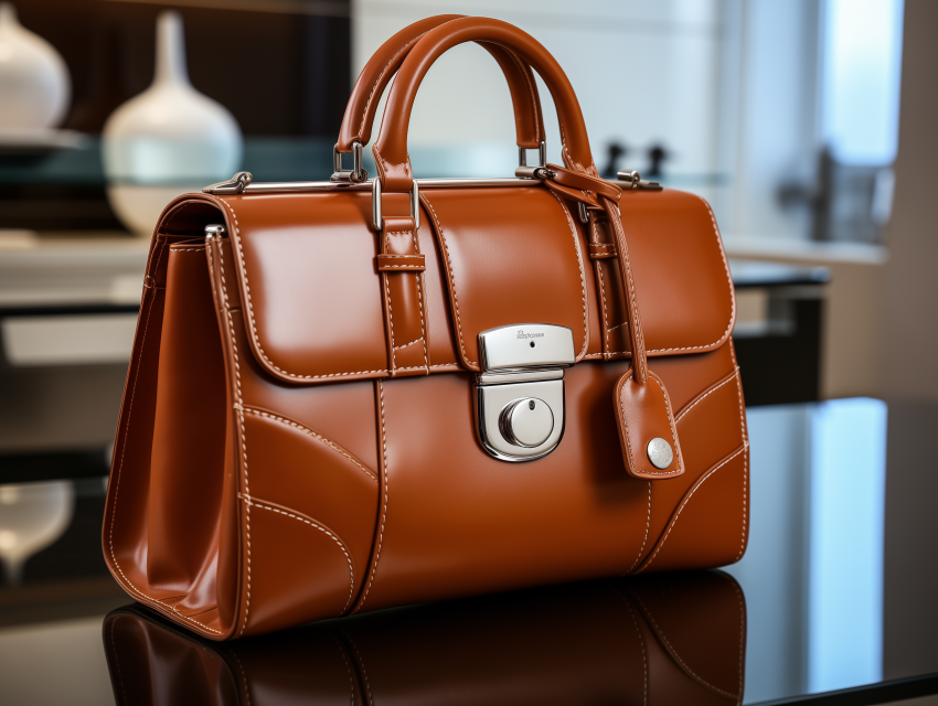 Brown Leather Handbag with Lock