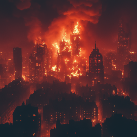 Burning Cityscape with Skyscrapers Ablaze