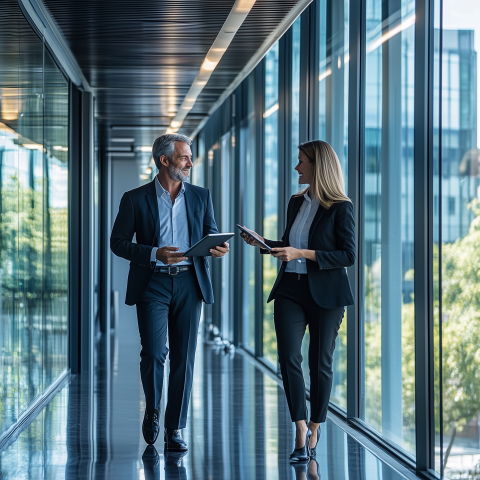 Business Colleagues Walking and Discussing Reports