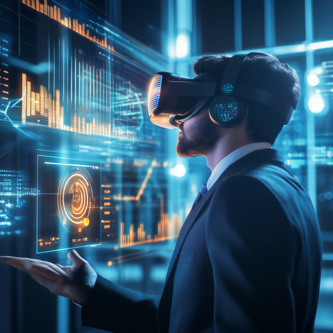 Businessman Using VR in Digital Interface Room