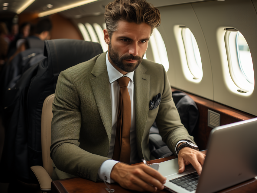 Businessman Working on Laptop in Private Jet