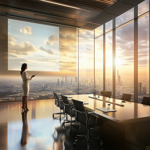 Businesswoman Prepares Presentation at Sunset