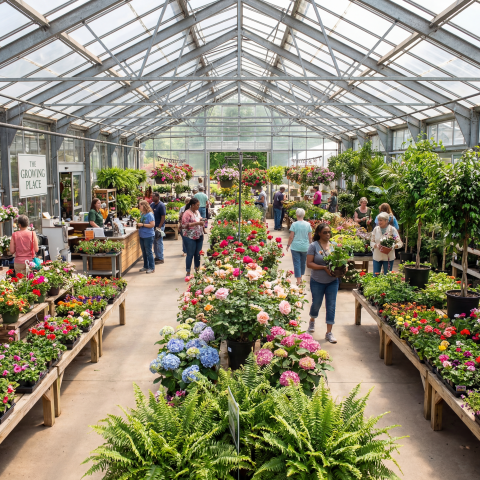 Bustling Garden Center with Vibrant Flowers and Shoppers