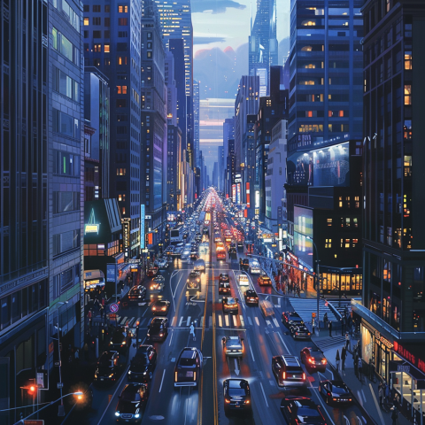 Busy Street Life Amid Skyscrapers and City Lights