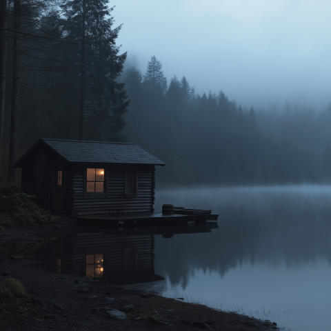 Cabin by a Misty Forest Lake at Dusk