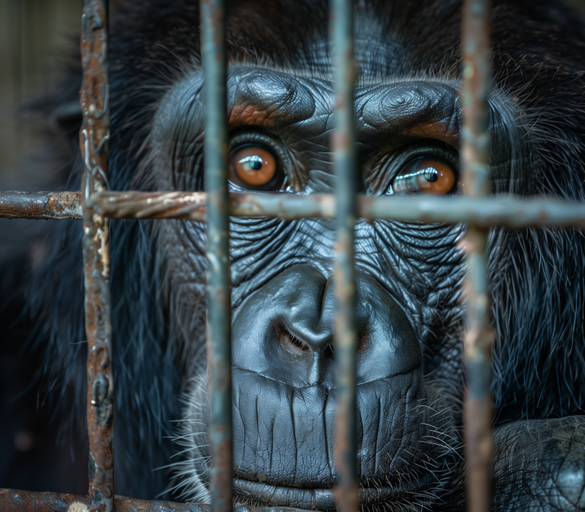 Sad chimpanzee in a cage