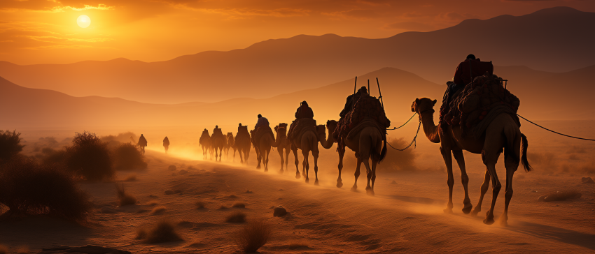 Camel Caravan at Sunset in Desert