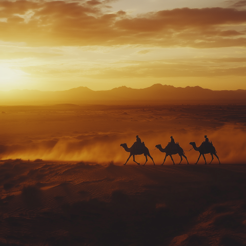 Camel Caravan Crossing Desert at Sunset