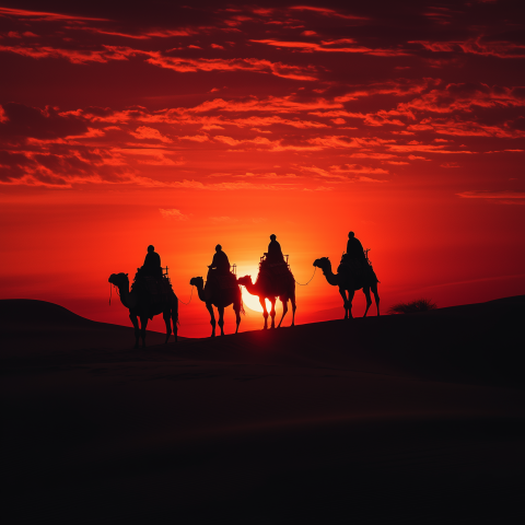 Camel Caravan Silhouetted at Desert Sunset