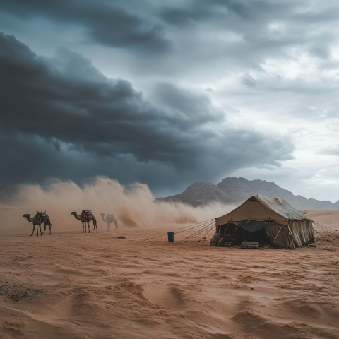 Camels Crossing Desert in Dust Storm
