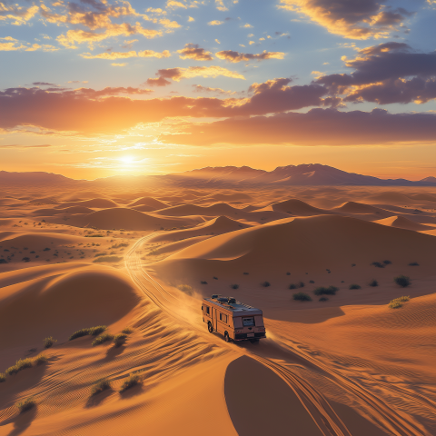 Camper Van Crossing Desert at Sunset